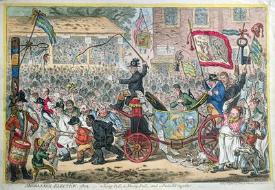 Middlesex Verkiezing, 1804, of Een Lange Trek, een Sterke Trek, en een Trek Samen, gepubliceerd door Hannah Humphrey in 1804 door James Gillray